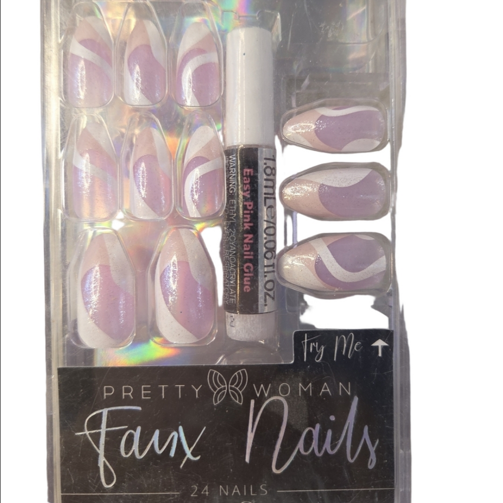 Pretty Woman False Nails Pink Purple White Glitter Medium